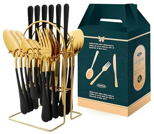 FATASH Cutlery Set with Stand (Black Gold, 24 Piece) Stainless Steel Cutlery Set for 6 People, Dishwasher Safe Mirror Polished Knives, Forks, Spoons & Teaspoons with Hanging Organiser - Gift Box