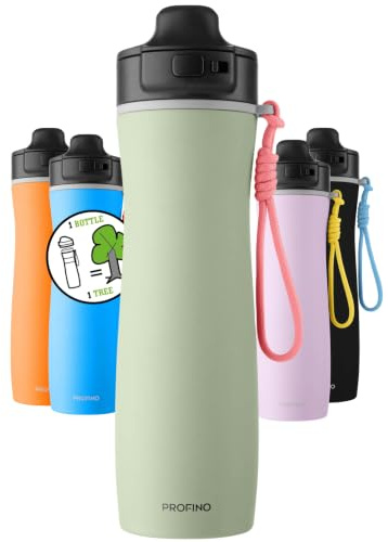 PROFINO Active Isolier-Trinkflasche 625 ml Grün, Flip-Cap, auslaufsicher | Sportflasche, recycelter Edelstahl, Paracord-Band, 6h warm, 12h kalt, auslaufsicher, Einhand-Trinken, für Outdoor & Fitness