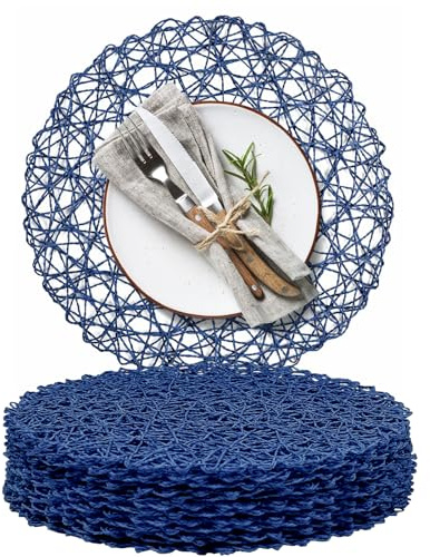 AHHFSMEI Paper Braided Round Placemats Set of 12 Natural Non-Slip Heat Resistant Table Mats for Dining Tables Farmhouse Woven Indoor Outdoor Place mats (Blue,12)