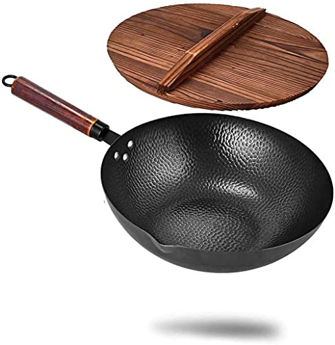 Sartén de acero al carbono, wok martillado a mano con mango de madera, sartén con tapa, wok tradicional de hierro fundido para estufas de inducción eléctrica y gas