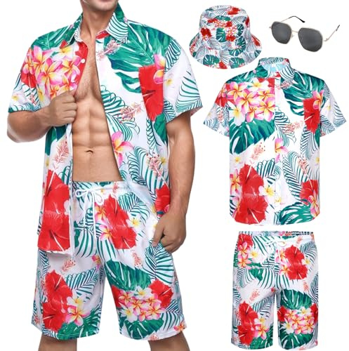 Hawaii skjorta män, Hawaii-kostym män sommar, Hawaii-skjorta kortärmad skjorta, shorts, hatt, strand, semester, fest, festival, Vit, 3XL