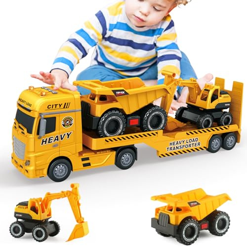 Mostop Großer Pritschenwagen Spielzeug für Kinder, 25,6“ Semi Truck Spielzeug mit Bagger und Dump Truck, Geschenke für Alter 3 4 5 6 Jahre alt Jungen Mädchen
