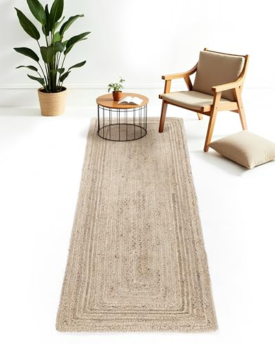 carpetfine Juteteppich Nele Läufer Brücke Taupe handgewebt aus Jute 60x180 cm | Moderner Naturfaserteppich im Boho Style für Küche, Flur und Brücke