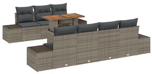 vidaXL Set de Comedor de jardín de 8 Piezas con Cojines Gris, Mimbre de Polipropileno, Mesa de Acacia, Asientos para 6 Personas, Muebles Modernos para balcón y Patio, sofá Modular de terraza