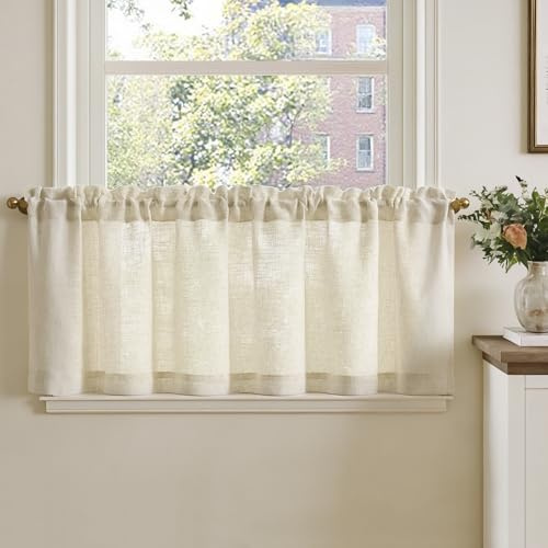 TOPICK Set de 1 cortina H40xB140 cm Cortinas estilo bisel de aspecto lino para salón, cocina, ventanas pequeñas, cortinas de cocina transparentes, cortinas modernas de estilo rústico, con lazo, color