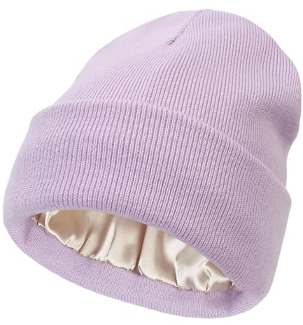 GreatRise Stickad mössa med satinfoder för kvinnor och män, mjuk och varm, vintermössa, mössa med manschetter, unisex, stickad stretchig vintermössa, satin, fodrad ullmössa, lila, one size