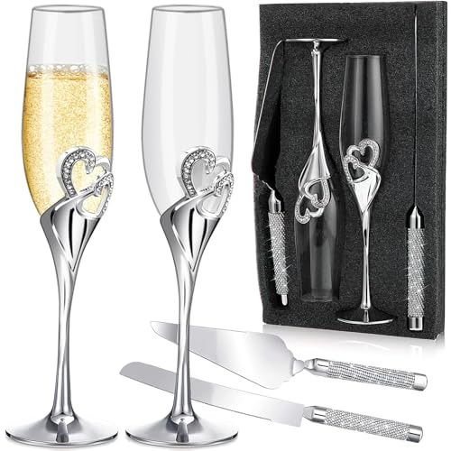 HFZCV Champagnergläser Hochzeit mit Tortenmesser und Tortenheber Set – Elegantes Kuchenmesser Cake Cutting Set mit 2 Sektgläsern für Verlobung Jubiläum Brautpaar Geschenk