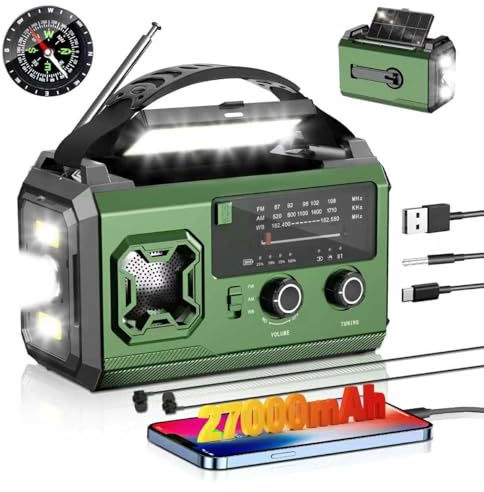 Radio de manivela de 27000 mAh, radio de emergencia FM/AM con Bluetooth, radio solar portátil con cargador para móviles, radio de emergencia con alarma SOS/linterna/brújula para camping al aire libre