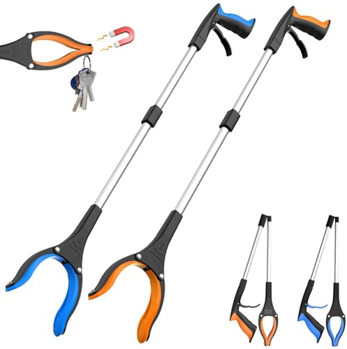 Domigard 2 pinzas de agarre para personas mayores, 80 cm, para recoger con imán, pinza ergonómica con cabezal giratorio de 360° y garra antideslizante, pinza para personas mayores (naranja + azul)