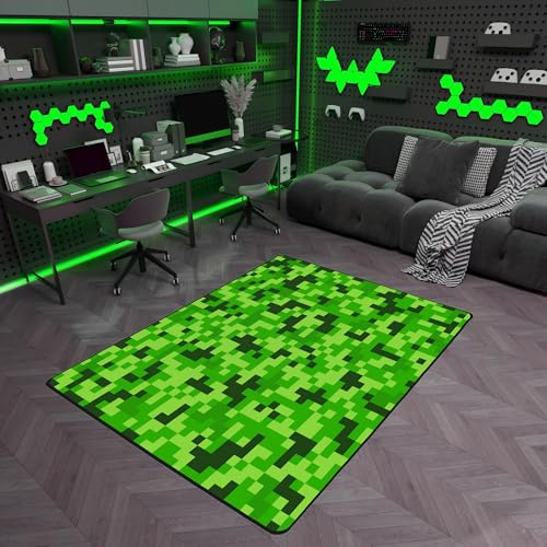 Manfei Miners Pixel Spiele Bereich Teppiche,Grünes Pixelgitter Rutschfester Teppich Videospiele Indoor Fußbodenmatte Home Wohnzimmer Dekor,100 x 150 cm