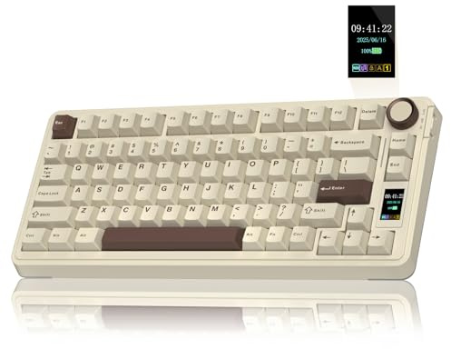 AULA S75 Pro Gaming Tastatur 75 Prozent,BT5.0/2.4G/USB-C Kabellose Mechanische Tastatur mit Display & Knopf,Gasket Struktur,QWERTY,RGB,Hot Swap,Retro Creamy Keyboard (Milchkaffee)