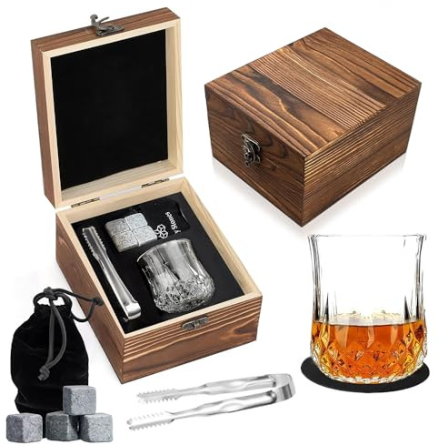 RNPKZ Whiskey Gift Sets for Men, Whiskey Glass Gift Set with 1 WhiskeyGlass, 4 WhiskeyChilling Stones, 1 Coaster, Ice Tong&Storage Bag, Whiskey Glass Set in Wooden Box, Present for Father Boyfriend
