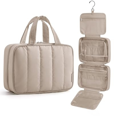 BAGSMART Puffer Kulturbeutel Damen, Tragbarer Kulturtasche zum Aufhängen | mit Hängehaken, wasserdichte Toiletry Bag Make up Bag, für große Accessoires, Toilettenartikel, Kamel