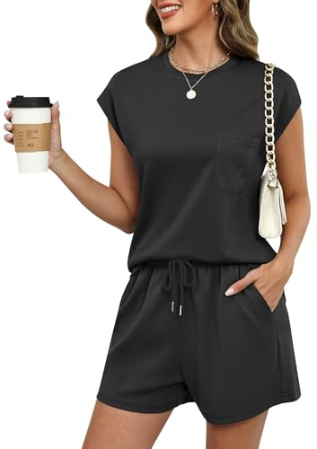 Rapbin Womens Tracksuit Set Two Piece Outfit Loungewear Co ord Sets Casual Summer Cap Sleeve Tops and Shorts Bottoms with Pockets Drawstring