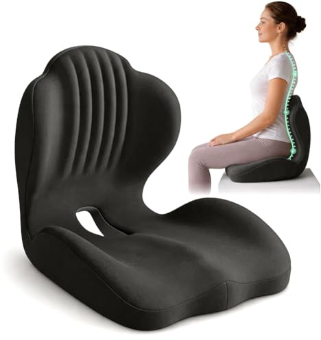 LOMUG Kontorsstol, sittdyna med ryggstöd, minnesskum, ortopedisk med ryggstöd, ergonomisk svanskoskudde för Lschias, bil, lastbil, rullstol, hem, kontor, långdistansförare (svart)