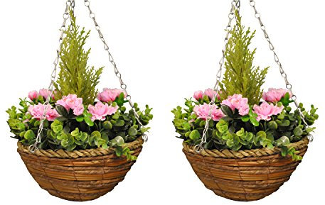 Selections Pack of 2 Artificial Azalea Topiary Garden Hanging Baskets (25 Centimeter)