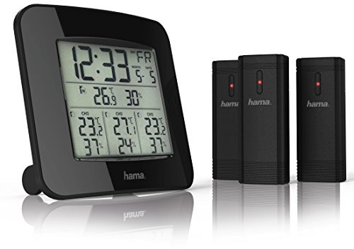 Hama Funk-Wetterstation mit 3 Außen-Sensoren „EWS-Trio“ (Thermometer, Hygrometer, Außensensoren, misst Innen- und Außen-Temperatur und -Luftfeuchtigkeit, inkl. DCF Funk-Uhr mit Wecker) schwarz
