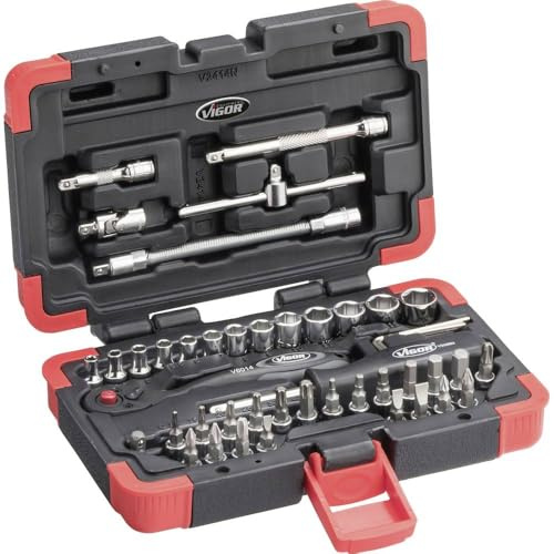 VIGOR Steckschlüssel-Satz, V2414N, 1/4″, Außenprofil Sechskant, T Profil | 1/4 Zoll (6,3 mm) Vierkant hohl, Antrieb 1/4 Zoll (6,3 mm) Vierkant hohl, 1303 g, Antrieb: 1/4″, Für Handbetätigung