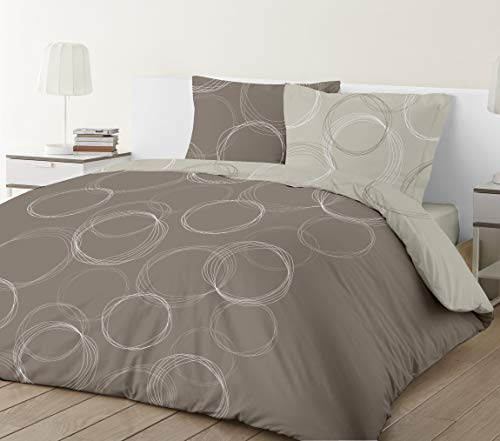 Vision - Parure de lit Réversible 100% Coton - Lenny Beige - Set de Housse de Couette 240x220 cm avec 2 taies d'oreiller pour lit Standard 2 Personnes - Fibres Naturelles - Oekotex