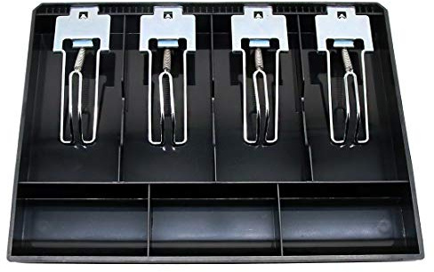 Cash Register Drawer Insert Tray 4 Bill/3 Coin Compartments with Metal Clip for Money Storage, Black