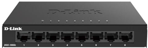 D-Link DGS-108GL Switch Gigabit 8 puertos, sin gestión, 1000 megas por puerto, Ethernet LAN, RJ-45, Plug&Play, perfil bajo, metálico, conmutador, hub, sobremesa, sin ventiladores, 802.3az EEE, negro