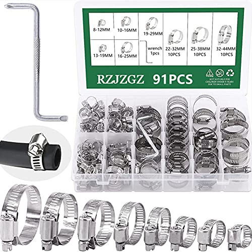RZJZGZ Lot de 91 colliers de serrage réglables en acier inoxydable de 8 à 44 mm - Assortiment de colliers de serrage avec tournevis et étui de rangement - 8 tailles de colliers de serrage
