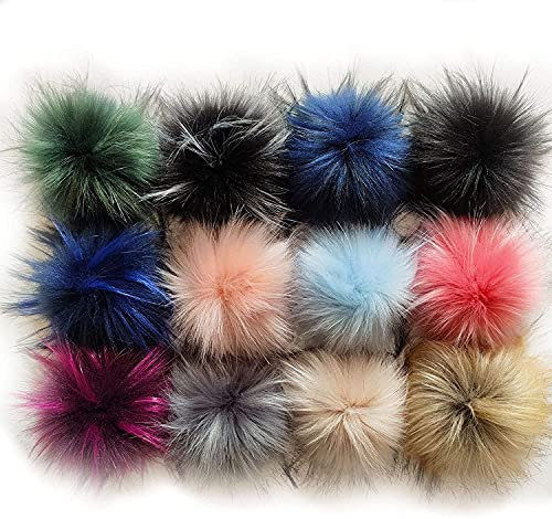 Dulcicasa 12 Stück Kunstpelz Pom Pom Ball mit Elastischer Schlaufe, Bommel Anhänger für Hüte Schuhe Schals Tasche, Fellbommel Keychain Charms Stricken Hut Zubehör (12 helle Farben, 10cm)