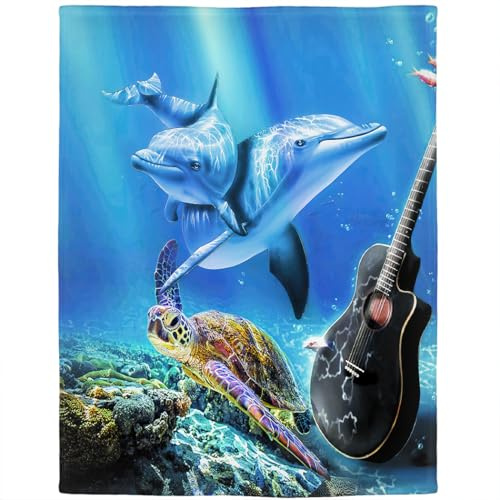 Violetpos Dick Decke Weich Wärme Gemütlich Fleece Sofadecke Schildkröte Delphin Gitarre Ozean 150 x 200 cm