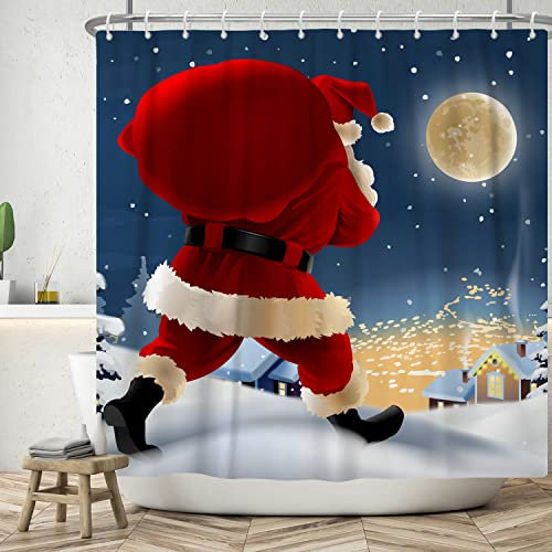 Bovlleetd Babbo Natale Tenda da Doccia 152x183cm Buon Natale Luna Piena Stelle Consegna Regali Natale Decorazione, Impermeabile Lavabile in Poliestere Tende da Bagno con 10 Ganci per Vasca da Bagno