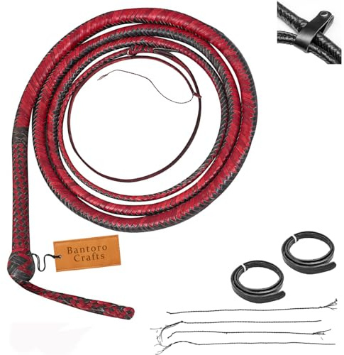 Rouge et Noir Fouet en Cuir de Kangourou Fouet 16 Tresses Brins Cuir tressé Ventre en Cuir et traversin en Cuir à l'intérieur Fouet craquant Fort pour Les Sports équestres