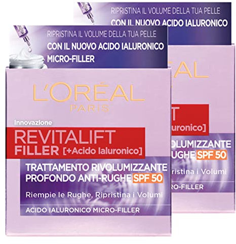 L'Oréal Paris Revitalift Filler Crema Giorno Trattamento Rivolumizzante Anti-Rughe Viso Protezione SPF 50 con Acido Ialuronico di Lunga Durata - 2 Barattoli da 50ml