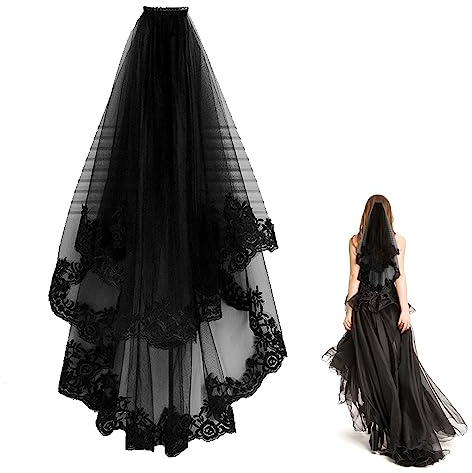 Funmo Velo di Pizzo Nero da Sposa - 2 Strati, 80 cm, per Halloween, Costume da Strega, Cosplay Vintage con Pettine, M