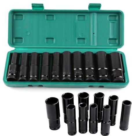 Holdfiturn 10PCS Impact Socket Set Deep Impact Socket Tool Set Metric Drive Deep Socket Durable Reliable Drive Hex Nuts 1/2 Inch 10-24mm for Professional Repair DIY, Black