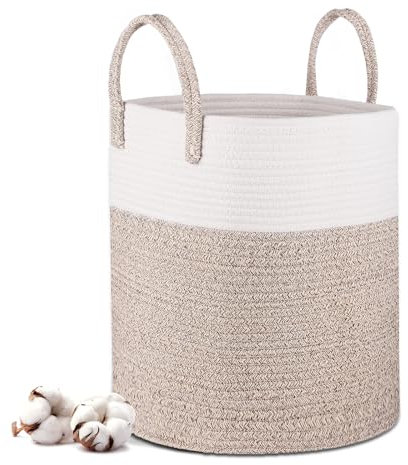 Lannvan Wäschekorb -Faltbar Geflochten Wäschesammler- Aufbewahrungskorb aus Baumwolle Seil mit Griffen - Korb für Spielzeug - Für Wohnzimmer Bad Kinderzimmer, 35 x 40 cm Braun