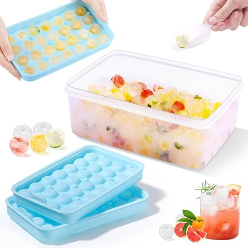 LONGFITE Ice Cube Trays with Storage Box 2PCS Silicone Small Apple-Shaped 28 Cubes Ice Balls Moulds with Lids and Soft Bottom for Easy Release (Light Blue)