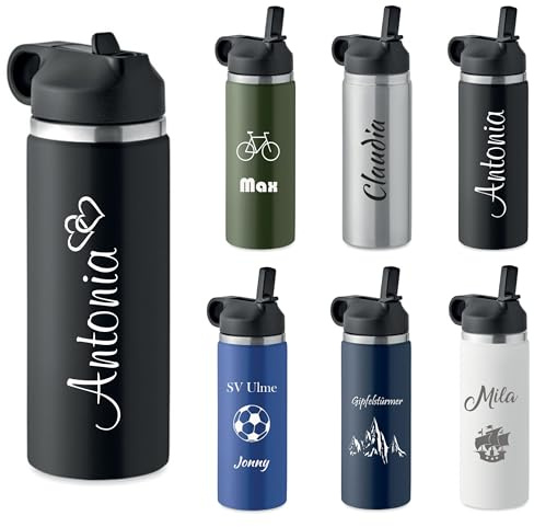 Schmalz Trinkflasche IVALO mit Name oder Gravur – Doppelwandige Isolierflasche aus recyceltem Edelstahl, BPA-frei, Auslaufsicher, Trinkhalm, Hochwertige Lasergravur, 500 ml, Geschenkidee