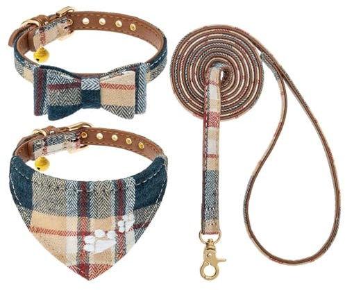 EXPAWLORER Hundehalsband und Leine Set - Klassisches Kariertes Hundehalsband mit Fliege und Pfotenabdruck, Hundehalsband mit niedlicher Glocke, kein Verheddern, verstellbare Halsbänder für Katzen,