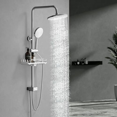 S'AFIELINA Regendusche Duschsystem mit Ablage Duschset ohne Armatur Duscharmatur Chrom mit 3 Strahlarten Handbrause, Schlauch aus Edelstahl, Überkopfbrause Runde 22,6cm