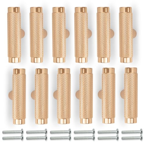 Bwintech 12 Pack Gold 50MM Knurled Cupboard Handles, Furniture Drawer Pulls Cupboard Knobs Cabinet Handles