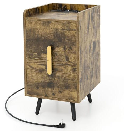 COSTWAY Comodino con Stazione di Ricarica e Maniglia Dorata, Marrone | Comodino con 2 Cassetti, 2 Porte USB e 3 Prese, Tavolino Laterale con Gambe in Metallo, Portata Tolate 20 kg, 32 x 40 x 60 cm