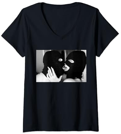 Damen Ästhetische Sturmhaube im urbanen Stil Paar küssende Hooligans T-Shirt mit V-Ausschnitt