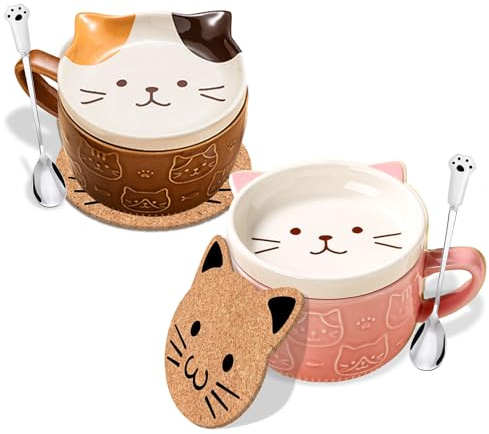2 Sets Süß Keramik Katze Tassen mit Deckel Personalisierte Geschenke Für Frauen Mädchen Beste Freundin Katzenliebhaber Lustige Kaffee Teetassen Set Geburtstagsgeschenk Dankeschön Geschenke Weihnachten