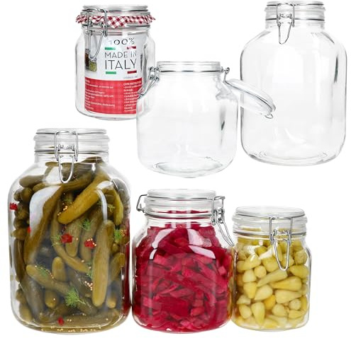 MamboCat PRIMA Lot de 6 bocaux hermétiques carrés - 2 x 1 l, 2 l et 4,25 l - Boîtes en verre avec fermeture à étrier pour la conserve, la fermentation et le stockage