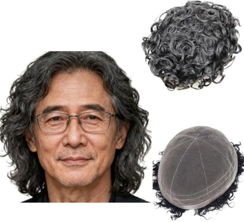 Toupet Für Männer Haarteile Weiche Schweizer Spitze 10x8 Toupet 10mm gewellte Menschliches Haar Ersatz System für Haarprothese Männer Haar Patch Units (#1B20 80% Schwarz + 20% Weiß)