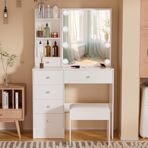 Vanrste Schminktisch,Schminktisch mit Beleuchtung Kosmetiktisch mit Spiegel und Hocker, Frisiertisch mit 6 Schubladen 6 Ablagen für Schlafzimmer 3139V8