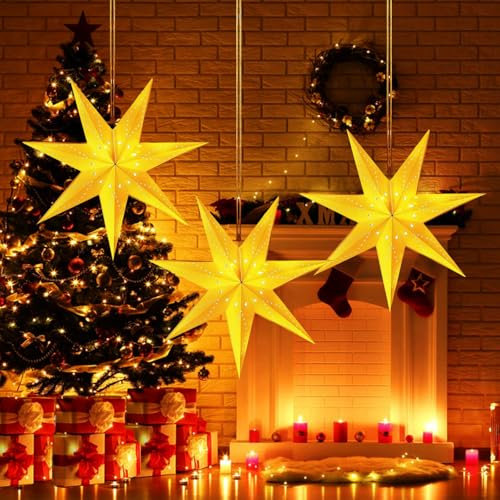 3 pcs Stelle di Carta da Appendere, 45 cm Stella di Natale Luminosa LED, Stelle Luminose 3D, Decorazioni Natalizie, Decorazione della Finestra