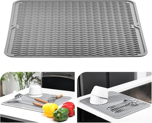 KitchenRaku droppmatta 40 x 60 cm, silikon diskho värmebeständig halkfri droppmatta diskbänk, diskmatta droppunderlägg, bordsset (ljusgrå)