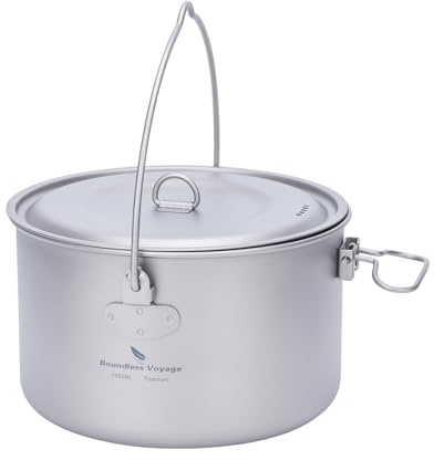 Boundless Voyage Olla de titanio de 1,95 l para acampar con tapa, olla ligera para exteriores, olla colgante para fogata, utensilios de cocina, utensilios de cocina portátiles Ti2044C