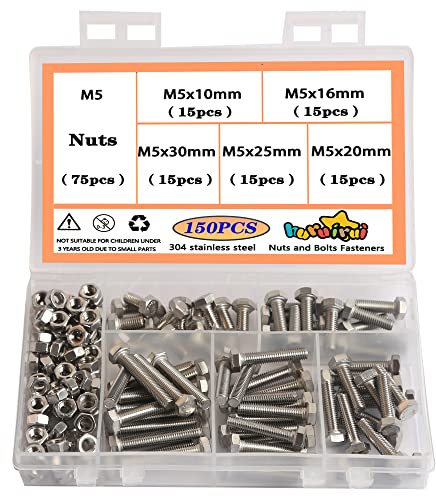 huruirui Tornillos de Tuercas y Pernos M5, Tornillos y Tuercas de Acero Inoxidable 304, a Prueba de Herrumbre, Pernos Hexagonales Para Duraderos para Uso en Interiores y Exteriores 150pcs