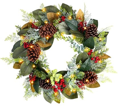 lanliflying Beleuchteter Weihnachtskranz, natürliche Tannenzapfengirlande, Weihnachtskranz für Haustür, künstlicher Türkranz mit Blättern, roten Beeren, Tannenzapfen für den Innenbereich